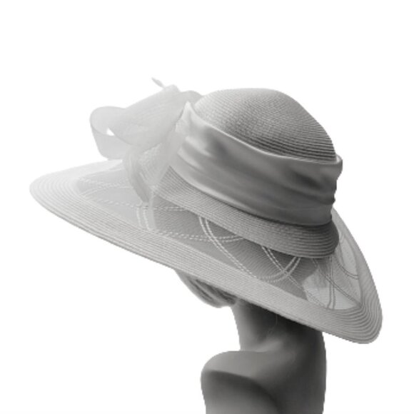 White Satin Ribbon Bows Rosettes Large Wide Brim Hat One Size Fits All - Picture 4 of 12
